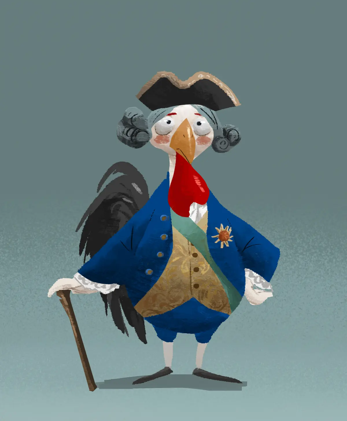 Stylised character design of a rooster as Louise XVI by Joseph Qiu.