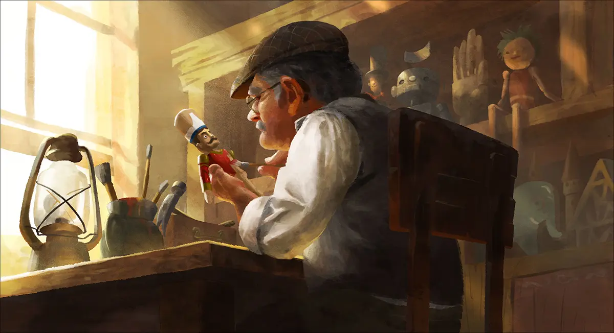 Watercolour painting style of an old toymaker making a nutcracker soldier.