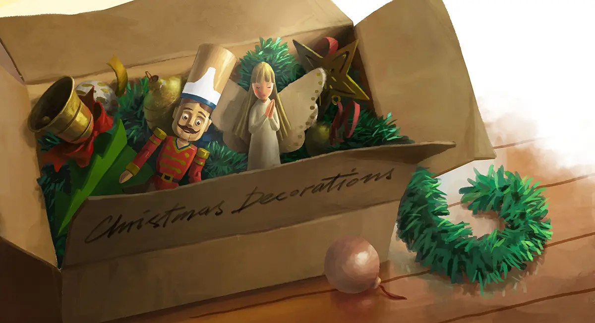 Watercolour painterly illustration by Joseph Qiu, featuring a nutcracker soldier with a Christmas tree angle toy inside a box.