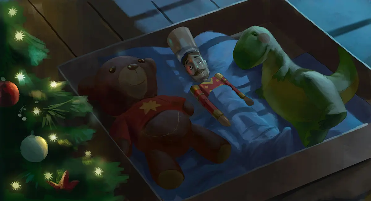 Watercolour painterly illustration by Joseph Qiu featuring a nutcracker soldier sleeping next to a boy bear and a toy dinosaur.