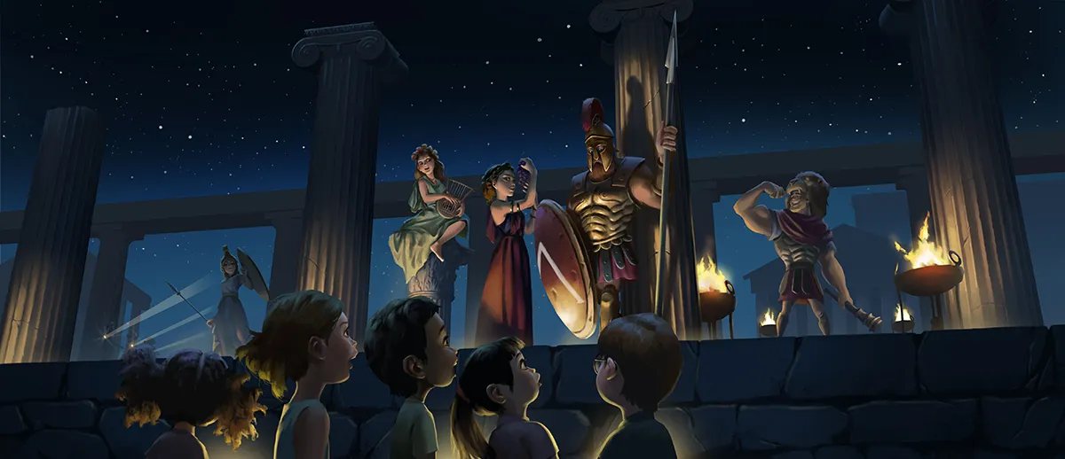 Pixar style illustration of kids looking at ancient Greek people.