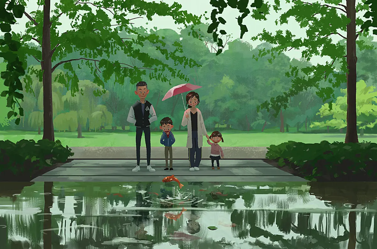 Cartoon style painting by Joseph Qiu showing a family of 4 looking at a fishpond in a park in a rainy day.