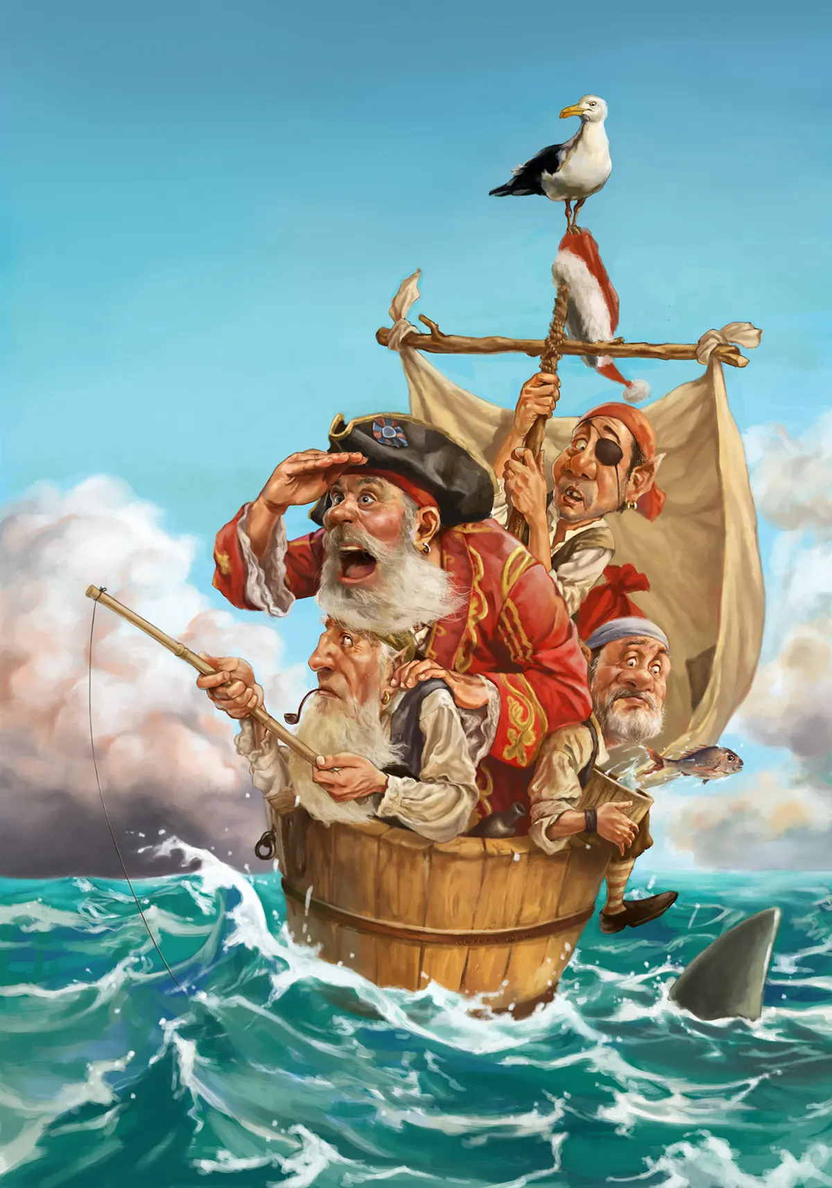 Painterly illustration of pirates fishing on a lifeboat by Joseph Qiu.