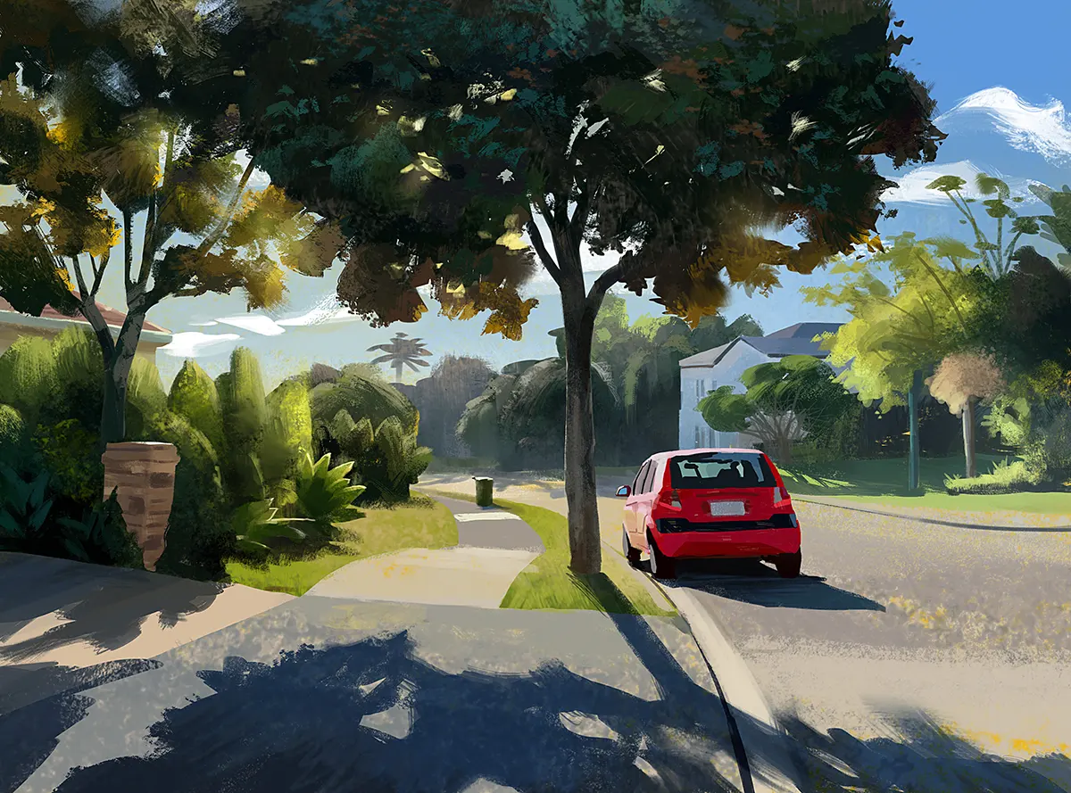 painterly illustration by Joseph Qiu showing a view by a neighbour, a red car paring on street.