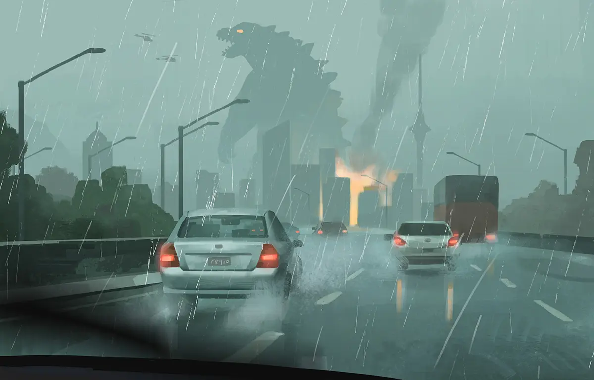 stylised illustration by Joseph Qiu showing Godzilla attacking city in a raining day, view from a car driving on the motorway.