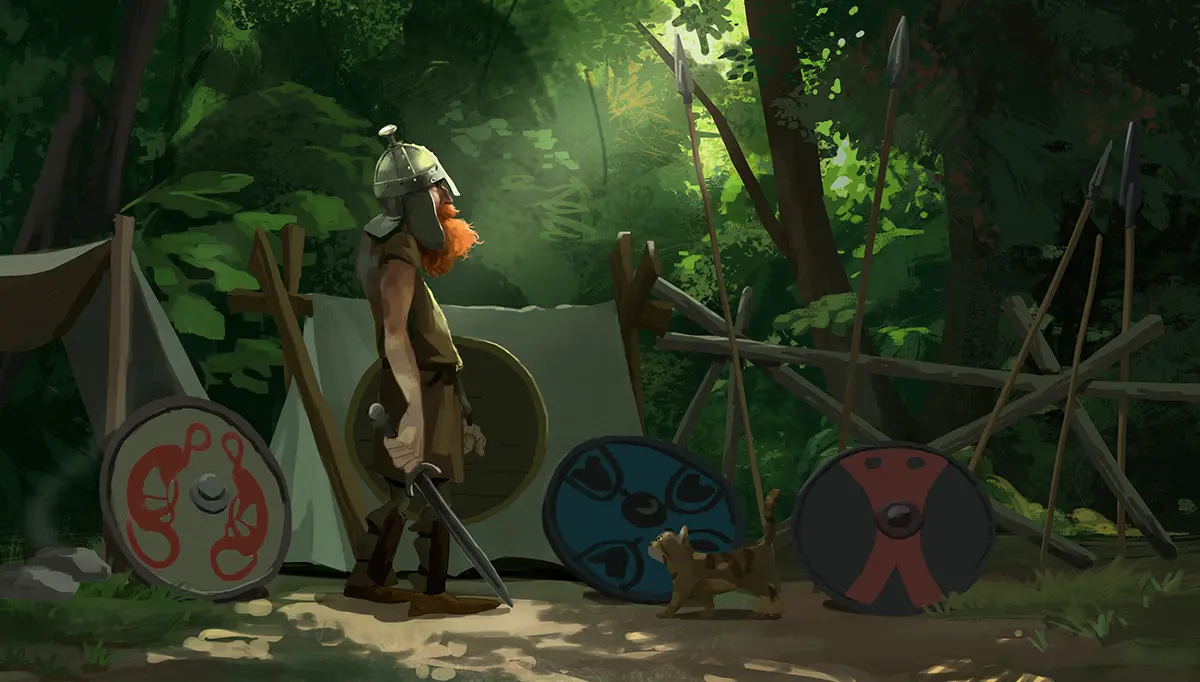 cartoon style illustration by Joseph Qiu featuring a Viking warrior and his cat camping in the forest.